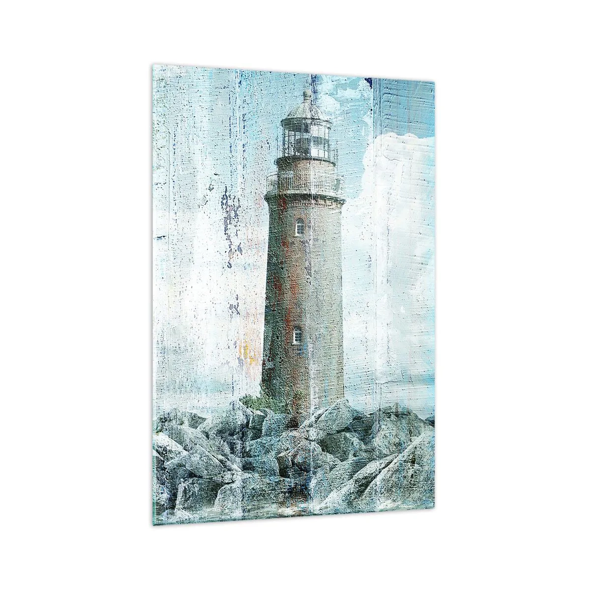Obraz na szkle - Latarnia morska na skalistym wybrzeżu w pastelowych barwach - 70x100cm - Na starym drewnie - Nowoczesna dekoracja ścienna do salonu i sypialni ARTTOR