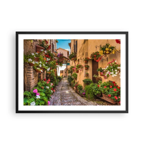 Plakat w czarnej ramie - Urokliwa uliczka pełna kwiatów i doniczek - 70x50cm - Włoski zaułek - Nowoczesna dekoracja ścienna do salonu i sypialni ARTTOR
