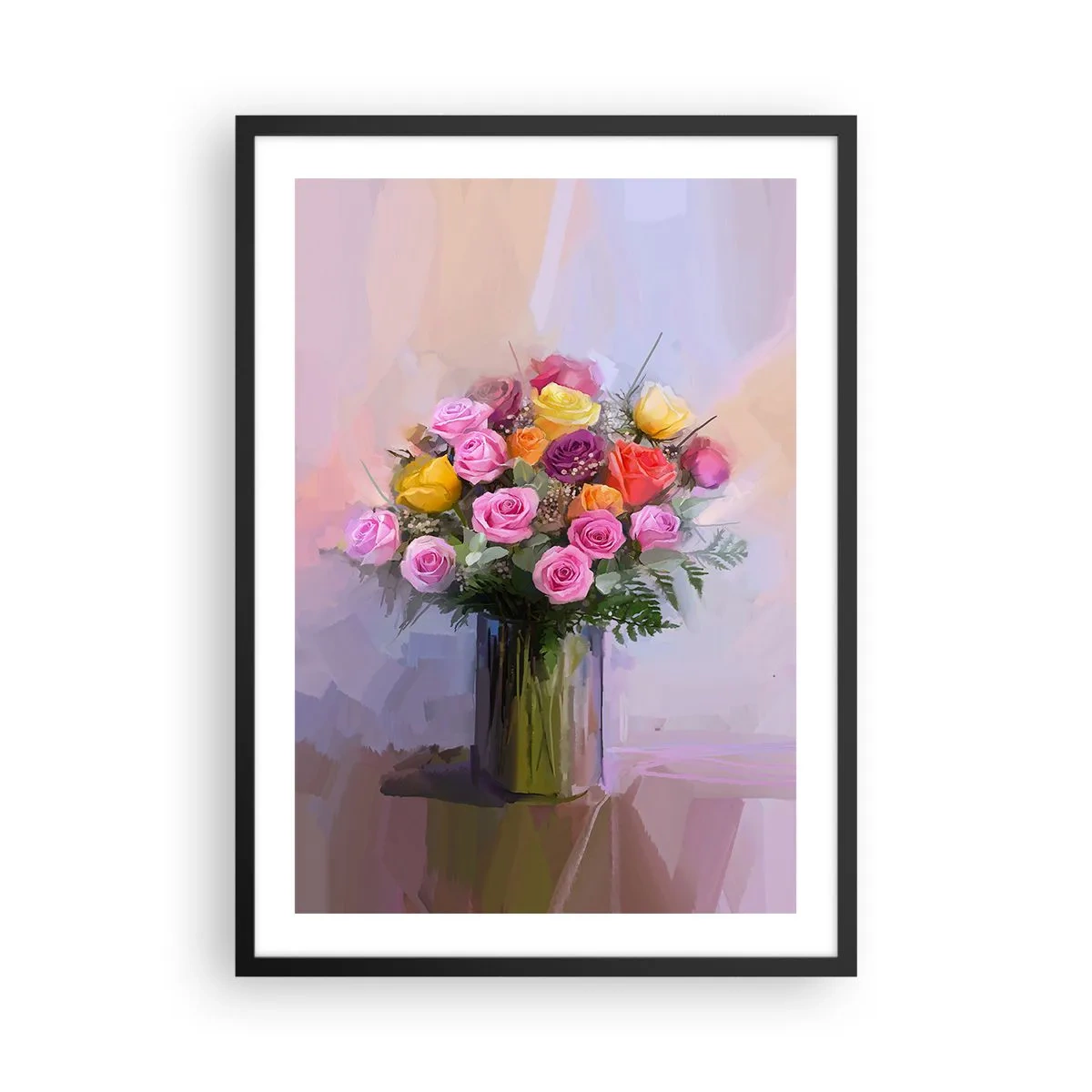Plakat w czarnej ramie - Bukiet róż i kwiatów w szklanym wazonie - 50x70cm - Zatrzymane piękno - Nowoczesna dekoracja ścienna do salonu i sypialni ARTTOR