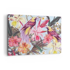 Obraz na płótnie - Egzotyczne ptaki wśród tropikalnych kwiatów - 100x70cm - Płatki i piórka - Nowoczesna dekoracja ścienna do salonu, kuchni i sypialni ARTTOR