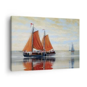 Obraz na płótnie - Dwumasztowe żaglówki na spokojnej wodzie - 70x50cm - Hej, żeglujże, żeglarzu… - Nowoczesna dekoracja ścienna do salonu i sypialni ARTTOR