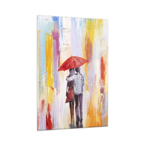 Obraz na szkle - Para pod czerwoną parasolką na tle kolorowych budynków - 80x120cm - Niech pada dalej - Nowoczesna dekoracja ścienna do salonu i sypialni ARTTOR
