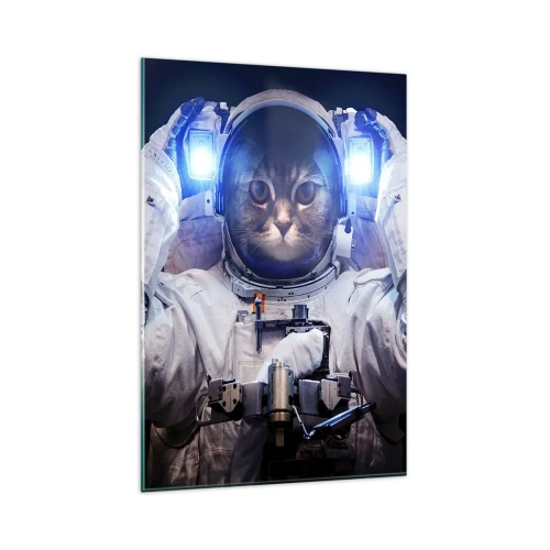 Obraz na szkle - Kot w stroju astronauty z Ziemią w tle i jasnym światłem - 80x120cm - Houston, macie problem - Nowoczesna dekoracja ścienna do salonu i sypialni ARTTOR