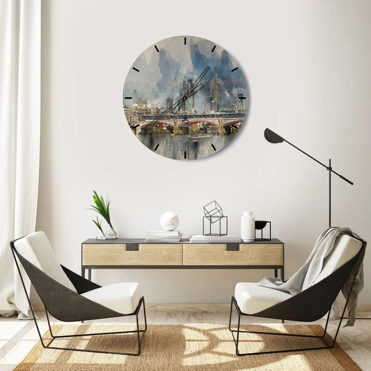 Zegar ścienny - Most i panorama Londynu w stylu akwareli - 30x30cm - Londyn w całej okazałości - Nowoczesna dekoracja ścienna do salonu, kuchni i sypialni ARTTOR