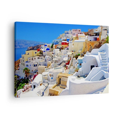 Obraz na płótnie - Panorama Santorini z białymi domami i błękitnym niebem - 70x50cm - Marzenie o greckim lecie - Nowoczesna dekoracja ścienna do salonu i sypialni ARTTOR