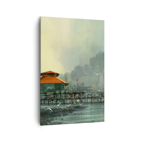 Obraz na płótnie - Portowa zabudowa w deszczowej scenerii z mewami - 80x120cm - Słotny dzień w porcie - Nowoczesna dekoracja ścienna do salonu i sypialni ARTTOR