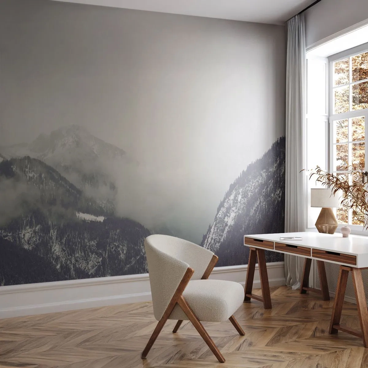Fototapeta Premium Sand - Górski krajobraz spowity mgłą w monochromatycznych barwach - 100x70cm - Omglona dolina - Nowoczesna dekoracja ścienna do salonu, kuchni i sypialni ARTTOR