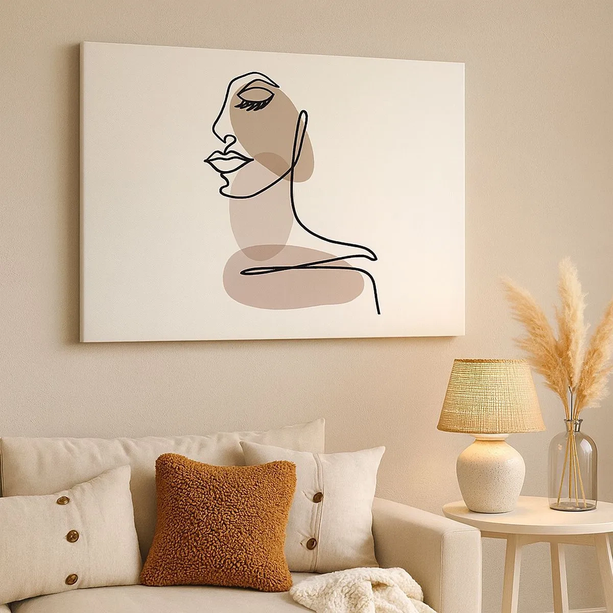 Obraz na płótnie - Minimalistyczna twarz kobiety z abstrakcyjnymi plamami - 70x50cm - Zasłuchana w siebie - Nowoczesna dekoracja ścienna do salonu i sypialni ARTTOR