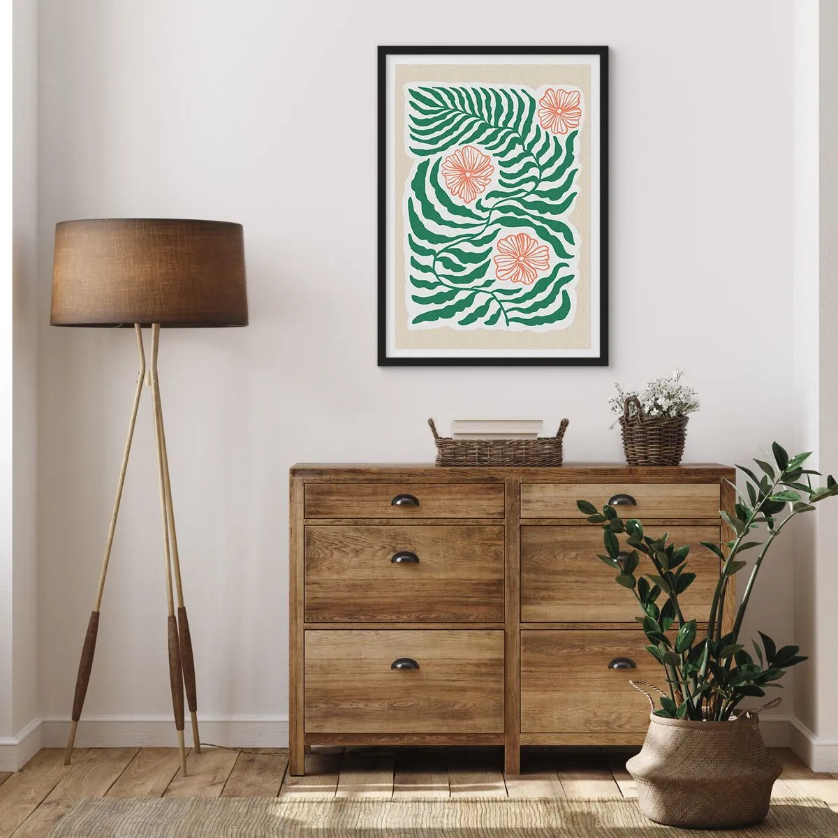 Plakat w czarnej ramie - Abstrakcyjna grafika liści i kwiatów na beżowym tle - 50x70cm - Rozkwitłe w zieleni - Nowoczesna dekoracja ścienna do salonu i sypialni ARTTOR