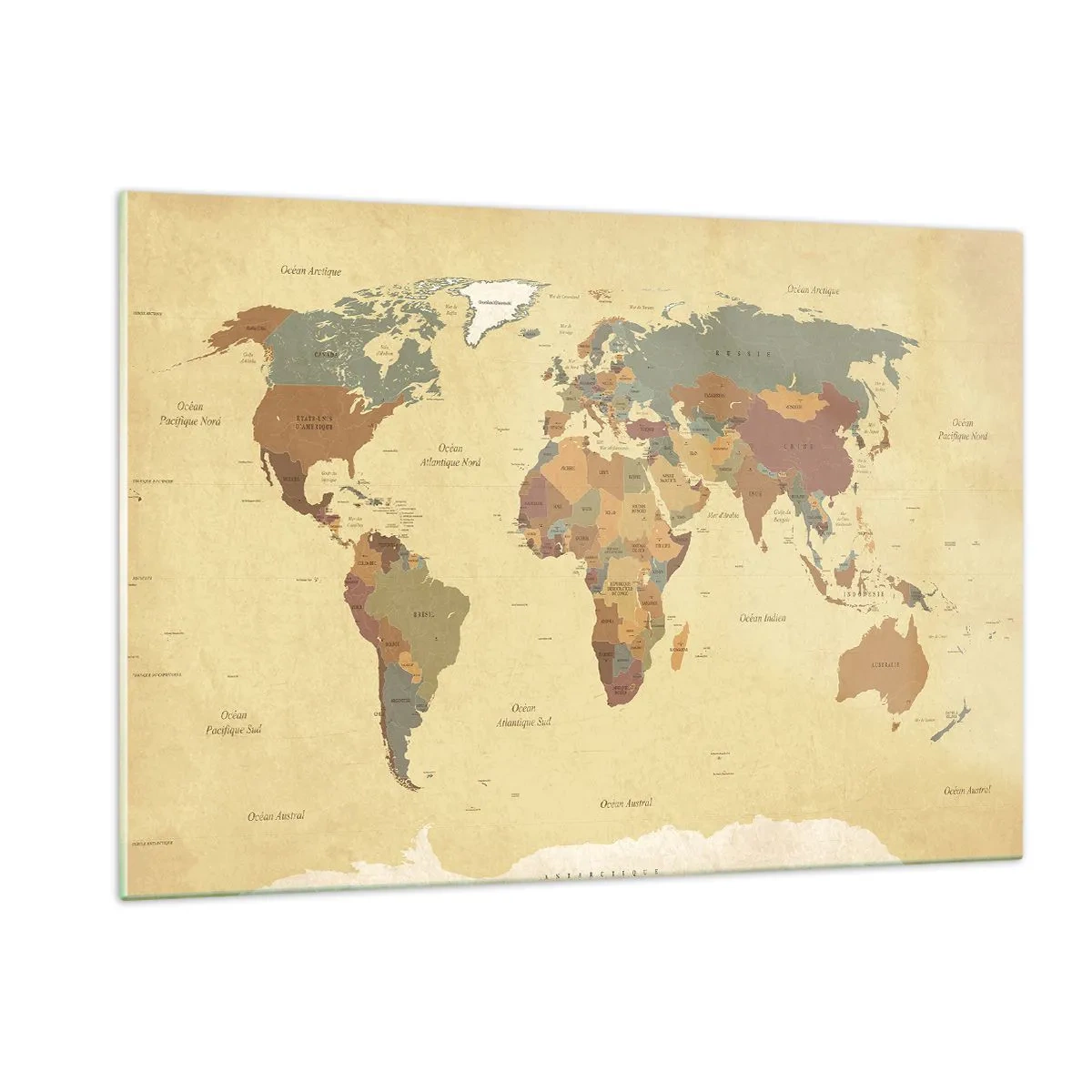 Obraz na szkle - Mapa świata w odcieniach beżu i brązu na tle w stylu vintage - 120x80cm - Dla ciebie - cały świat - Nowoczesna dekoracja ścienna do salonu, kuchni i sypialni ARTTOR