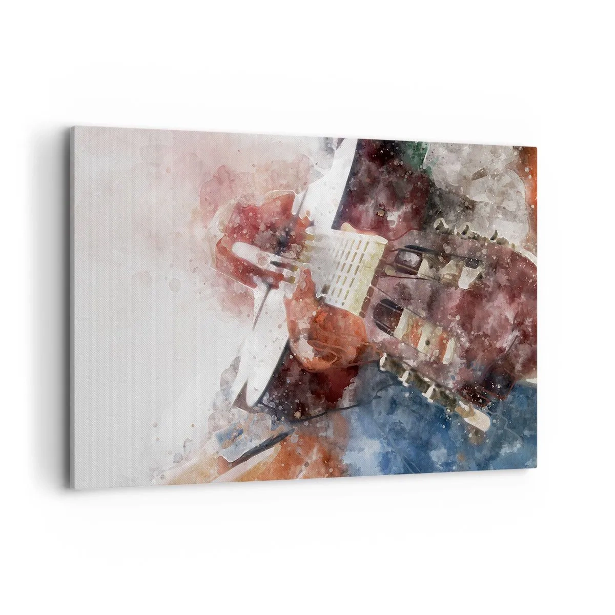 Obraz na płótnie - Artystyczne ujęcie gitary w akwarelowym stylu - 120x80cm - I co o tym myślisz? - Nowoczesna dekoracja ścienna do salonu, kuchni i sypialni ARTTOR