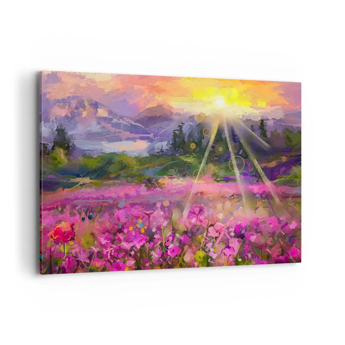 Obraz na płótnie - Malownicza łąka w promieniach zachodzącego słońca - 100x70cm - W dolinie pod opieką słońca - Nowoczesna dekoracja ścienna do salonu, kuchni i sypialni ARTTOR