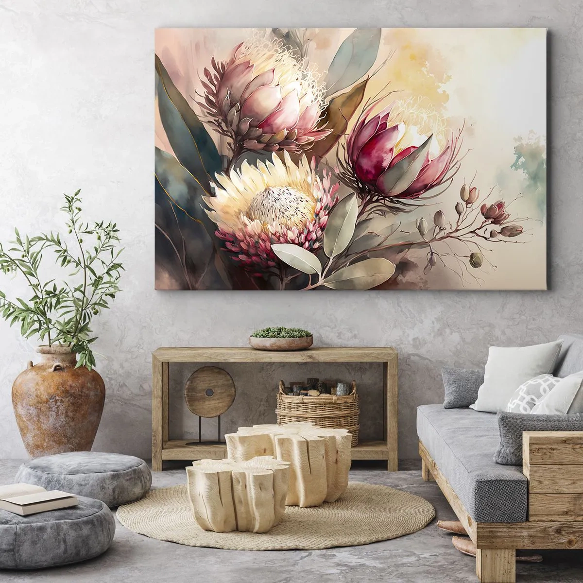 Obraz na płótnie - Kwiaty protei w delikatnych pastelowych odcieniach - 70x50cm - Z profilu i en face - Nowoczesna dekoracja ścienna do salonu i sypialni ARTTOR