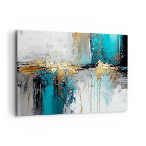 Obraz na płótnie - Abstrakcyjna kompozycja z turkusem i złotymi akcentami - 100x70cm - Wszystko płynie - Nowoczesna dekoracja ścienna do salonu, kuchni i sypialni ARTTOR