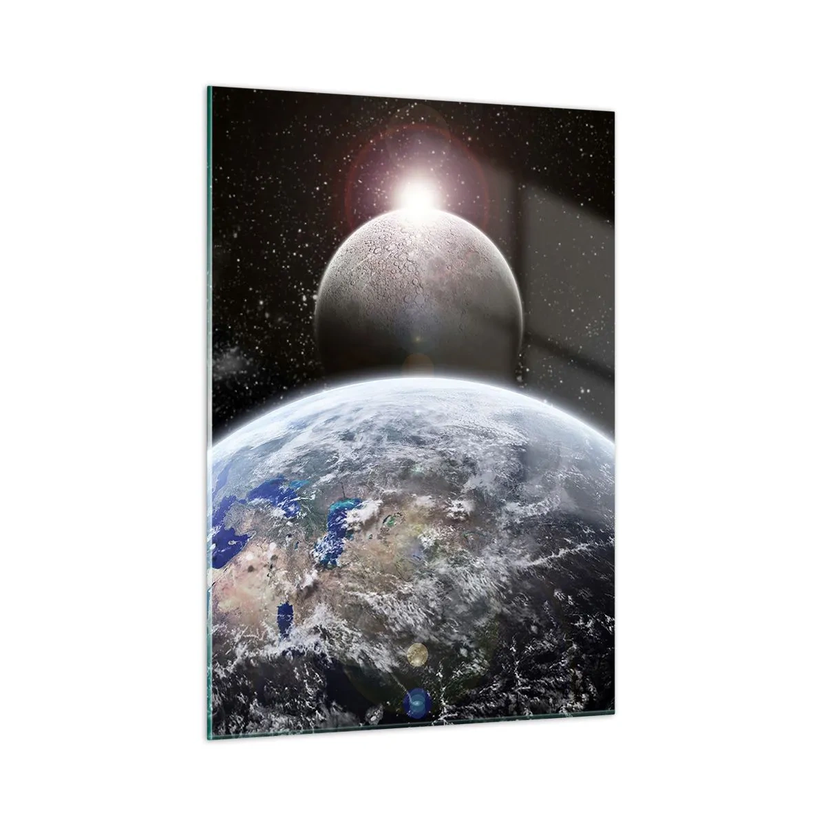 Obraz na szkle - Ziemia i Księżyc w przestrzeni kosmicznej - 50x70cm - Pejzaż kosmiczny - wschód słońca - Nowoczesna dekoracja ścienna do salonu, kuchni i sypialni ARTTOR