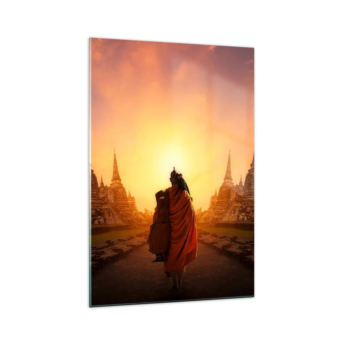 Obraz na szkle - Mnich wśród świątyń o zachodzie słońca - 70x100cm - W spokoju przez wieczność - Nowoczesna dekoracja ścienna do salonu i sypialni ARTTOR