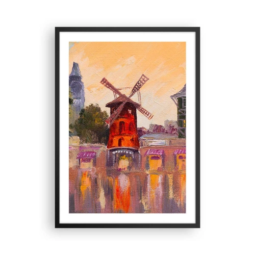 Plakat w czarnej ramie - Malarska interpretacja słynnego wiatraka na tle miasta - 50x70cm - Paryskie ikony – Moulin Rouge - Nowoczesna dekoracja ścienna do salonu i sypialni ARTTOR