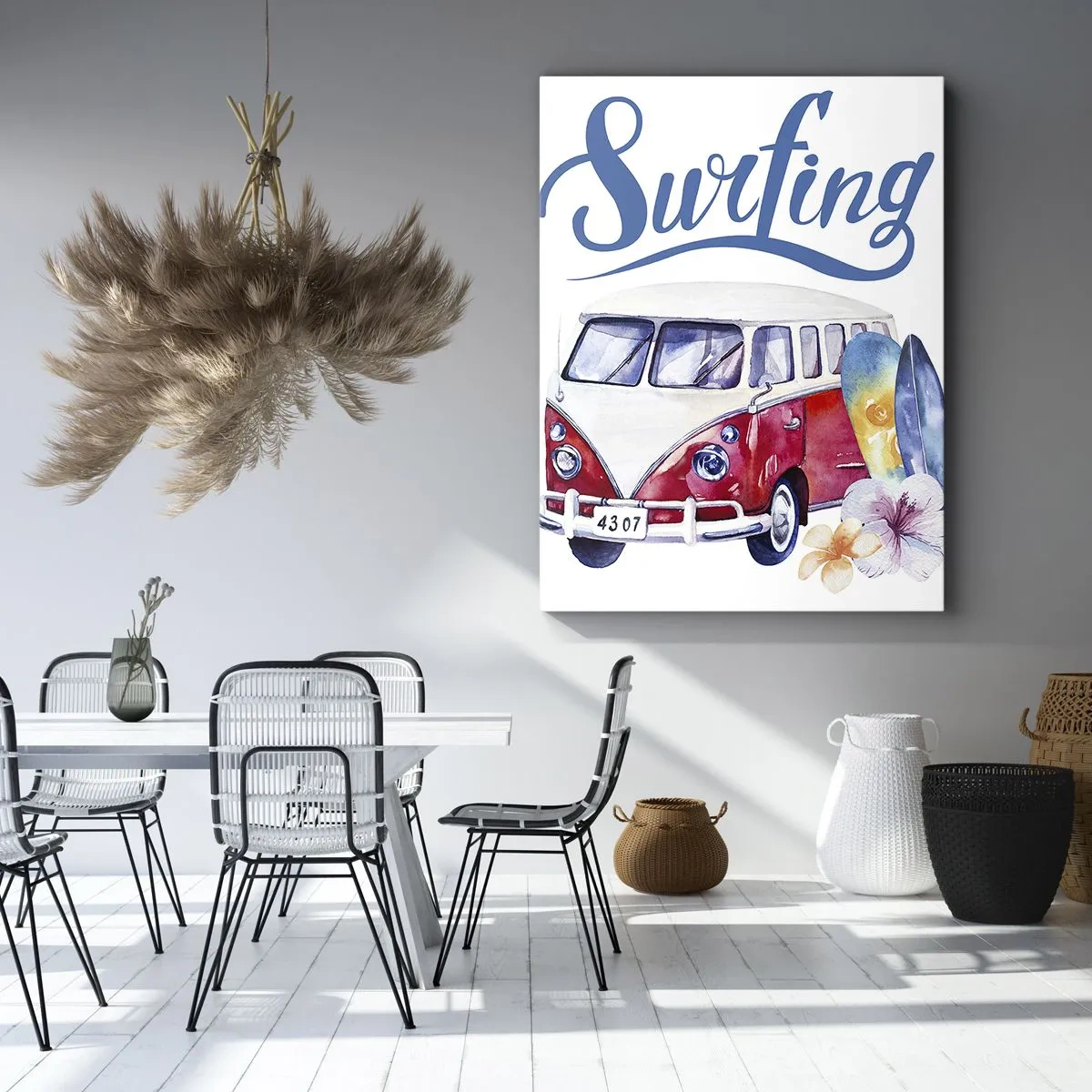 Obraz na płótnie - Bus surfingowy z deskami - 50x70cm - Ogórek - klasyk dla surfera - Nowoczesna dekoracja ścienna do salonu, kuchni i sypialni ARTTOR