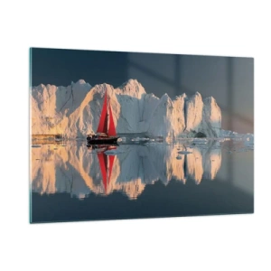 Obraz na szkle - Żaglówka z czerwonym żaglem przy górach lodowych o zachodzie - 120x80cm - Na krańcu świata - Nowoczesna dekoracja ścienna do salonu, kuchni i sypialni ARTTOR