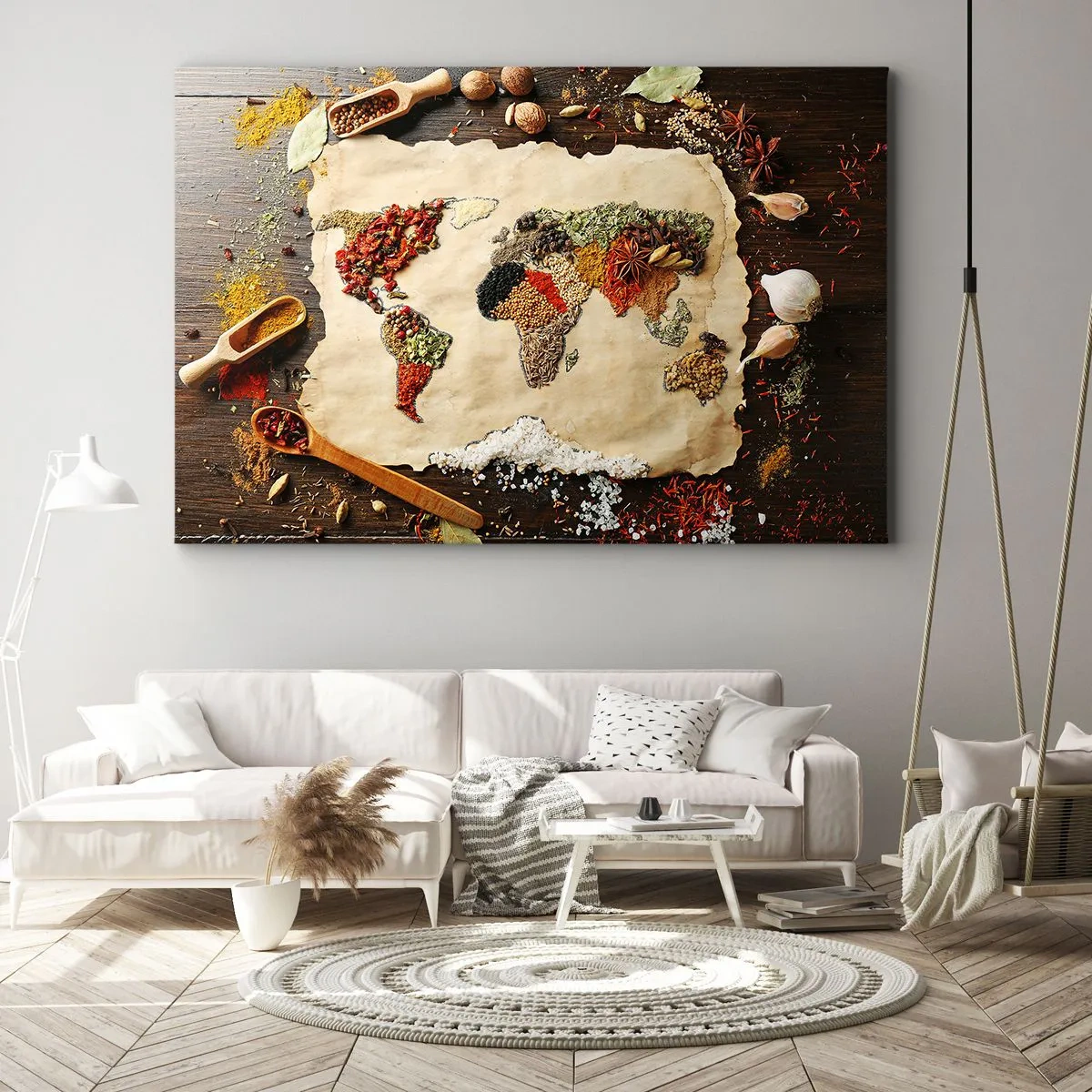 Obraz na płótnie - Mapa świata wykonana z przypraw na drewnianym tle - 100x70cm - Wszystkie smaki świata - Nowoczesna dekoracja ścienna do salonu, kuchni i sypialni ARTTOR