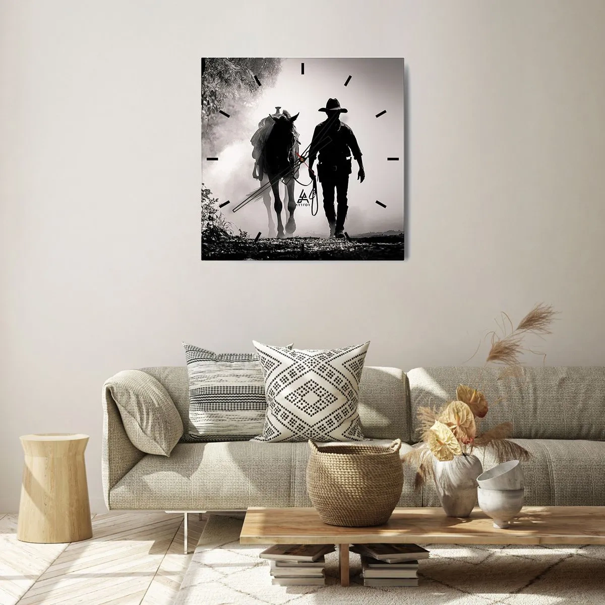 Zegar ścienny - Kowboj z koniem w porannej mgle - 30x30cm - Teksański poranek - Nowoczesna dekoracja ścienna do salonu i sypialni ARTTOR