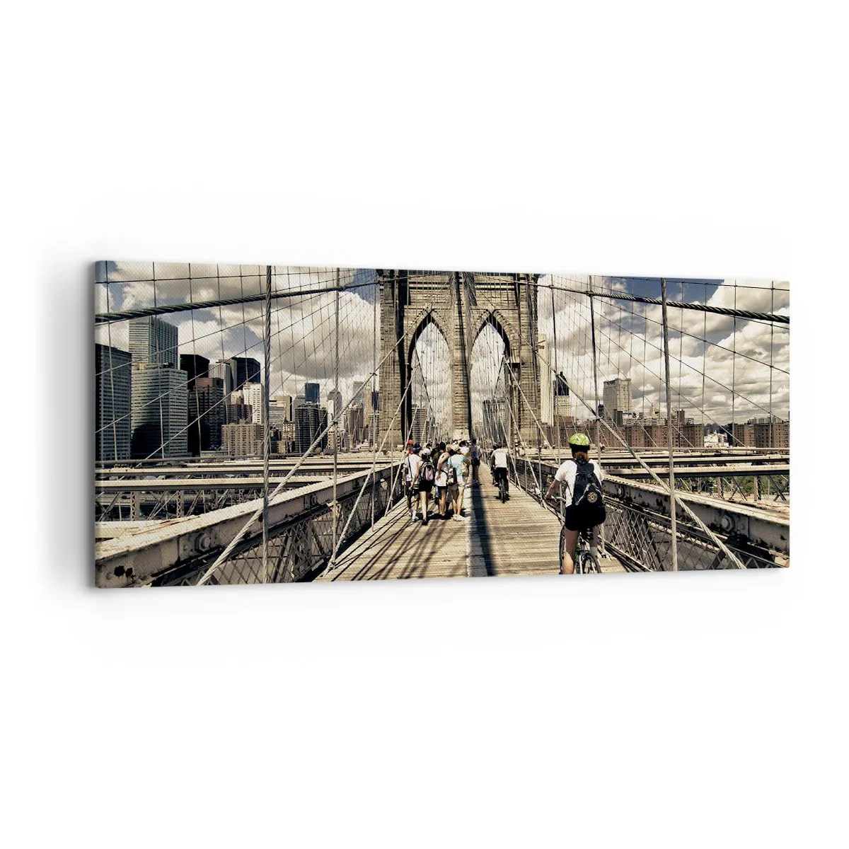 Obraz na płótnie - Brookliński most z widokiem na pieszych i rowerzystów - 120x50cm - Wprost do serca miasta - Nowoczesna dekoracja ścienna do salonu i sypialni ARTTOR