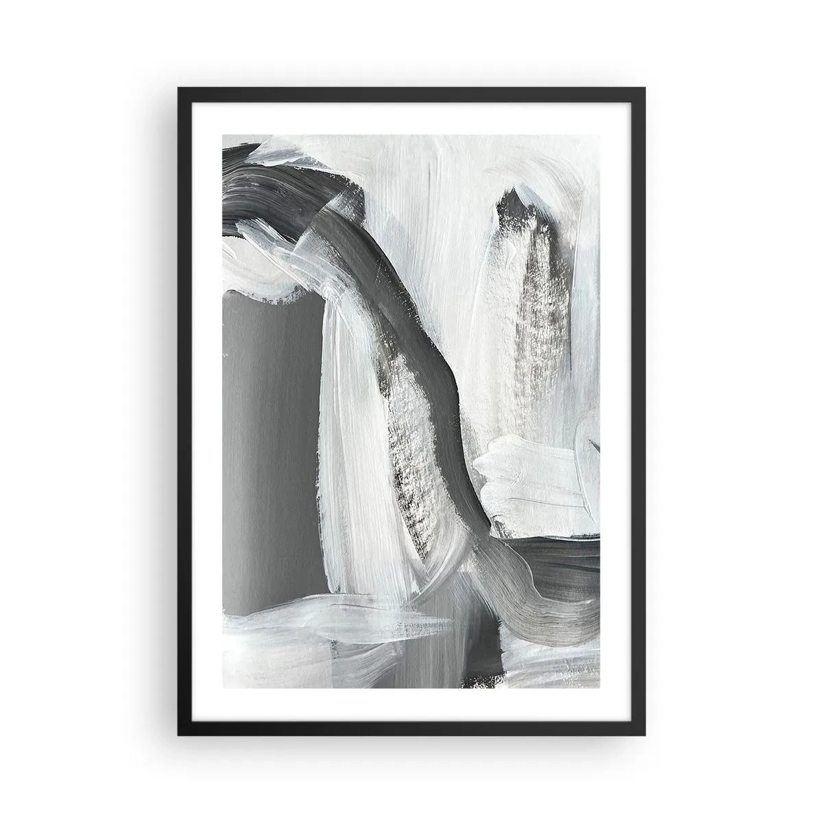 Plakat w czarnej ramie - Abstrakcyjna kompozycja czerni, bieli i szarości - 50x70cm - Zdecydowanym ruchem - Nowoczesna dekoracja ścienna do salonu i sypialni ARTTOR