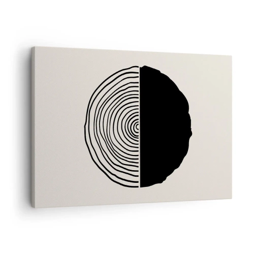 Obraz na płótnie - Abstrakcyjny czarno-biały motyw inspirowany przekrojem drewna z geometrycznym podziałem - 70x50cm - Pół na pół - Nowoczesna dekoracja ścienna do salonu i sypialni ARTTOR