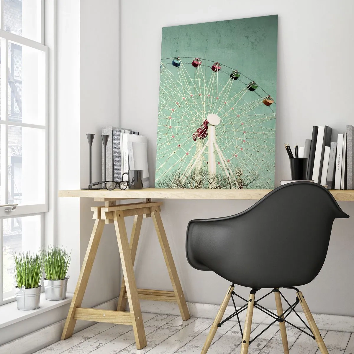 Obraz na szkle - Kolorowy diabelski młyn na tle pastelowej zieleni - 50x70cm - Zapraszamy do zabawy - Nowoczesna dekoracja ścienna do salonu, kuchni i sypialni ARTTOR