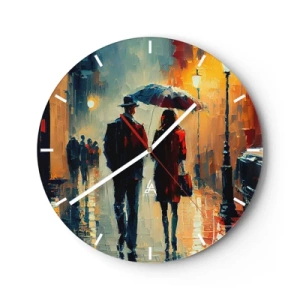 Zegar ścienny - Para pod parasolem w miejskiej scenerii namalowanej szpachlą - 30x30cm - Miejska love story - Nowoczesna dekoracja ścienna do salonu, kuchni i sypialni ARTTOR