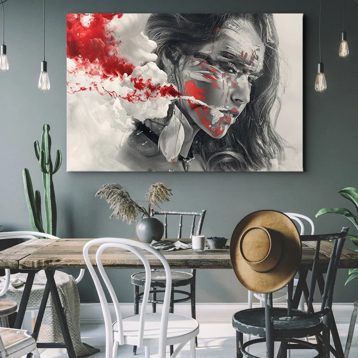 Obraz na płótnie - Artystyczny portret kobiety z abstrakcyjnymi czerwonymi akcentami - 70x50cm - W oparach absurdu - Nowoczesna dekoracja ścienna do salonu i sypialni ARTTOR