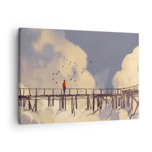Obraz na płótnie - Postać na moście wśród chmur z ptakami na tle nieba - 70x50cm - Niebieska tęsknota - Nowoczesna dekoracja ścienna do salonu i sypialni ARTTOR