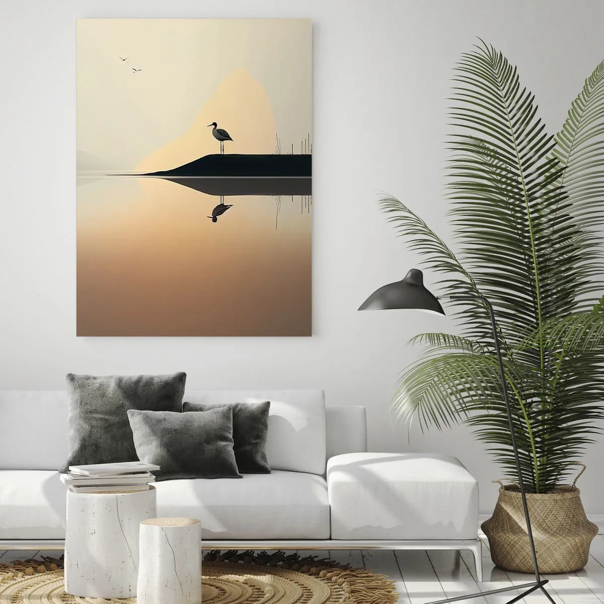 Obraz na szkle - Ptak na wyspie w spokojnym jeziorze o ciepłych odcieniach - 80x120cm - Pan na jeziorze - Nowoczesna dekoracja ścienna do salonu i sypialni ARTTOR