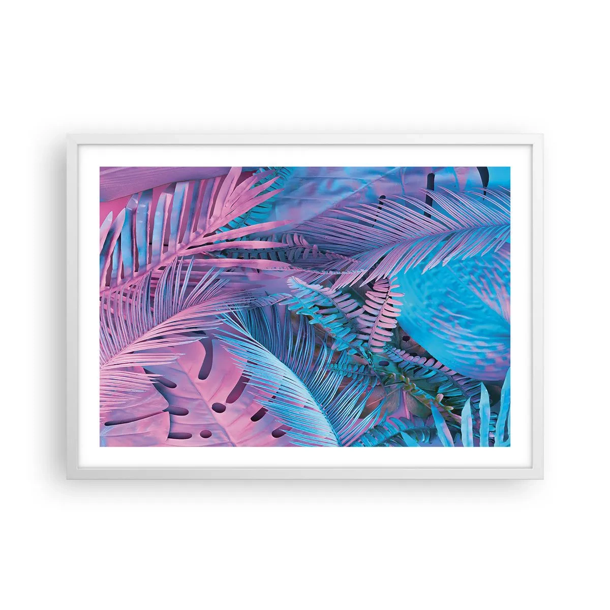 Plakat w białej ramie - Tropiki w różu i błękicie - 70x50 cm