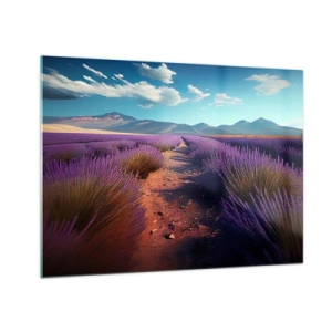 Obraz na szkle - Lawendowe pola o zachodzie słońca z widokiem na góry - 70x50cm - Pachnące pola - Nowoczesna dekoracja ścienna do salonu i sypialni ARTTOR