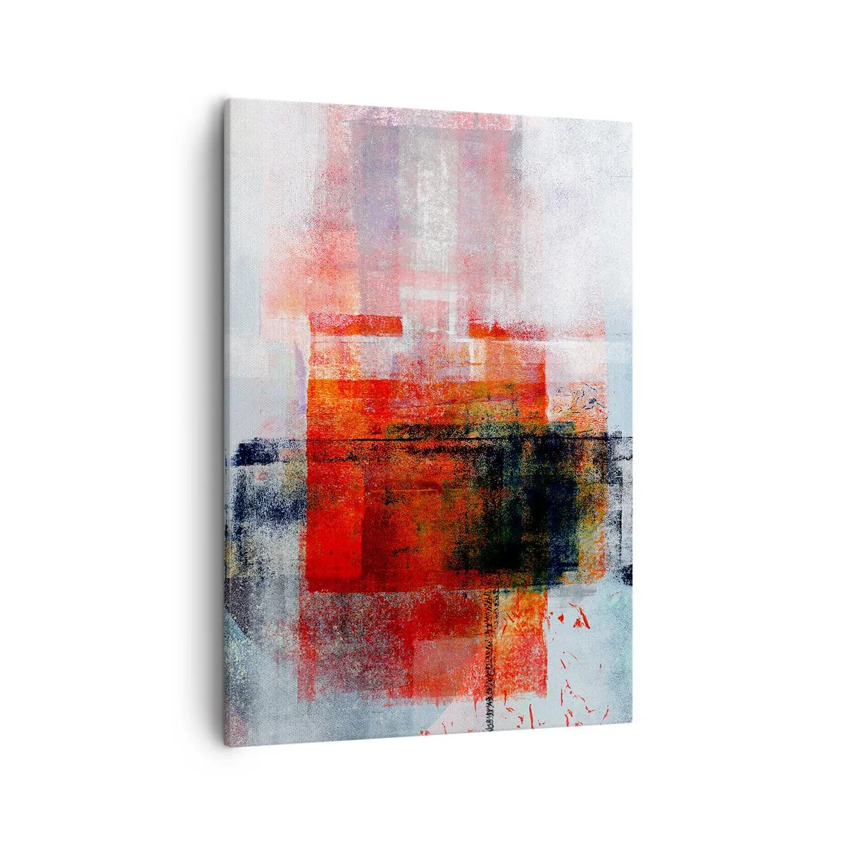 Obraz na płótnie - Abstrakcyjna kompozycja w odcieniach czerwieni, pomarańczu i błękitu - 50x70cm - Kompozycja rozżarzona - Nowoczesna dekoracja ścienna do salonu, kuchni i sypialni ARTTOR