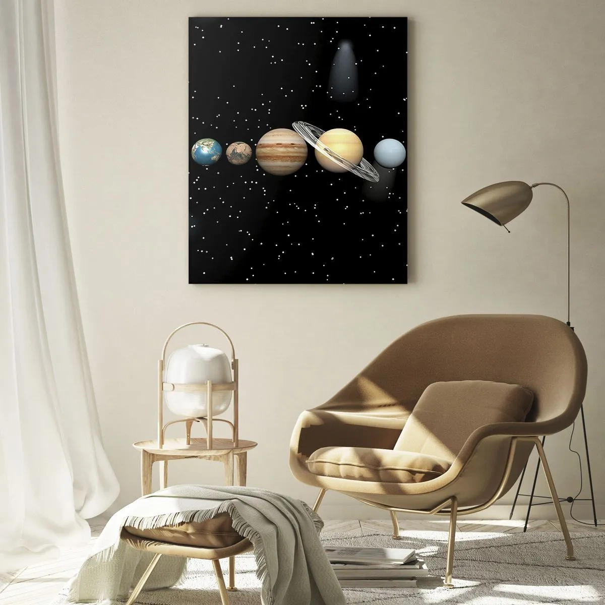 Obraz na szkle - Układ słoneczny z planetami na tle gwiazd w kosmosie - 80x120cm - A planety szaleją, szaleją… - Nowoczesna dekoracja ścienna do salonu i sypialni ARTTOR