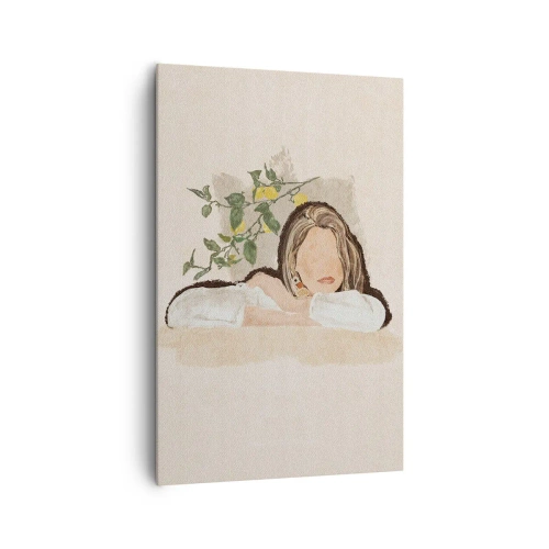 Obraz na płótnie - Postać kobiety na tle cytrynowego drzewa - 80x120cm - Piękność południa - Nowoczesna dekoracja ścienna do salonu i sypialni ARTTOR