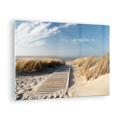 Obraz na szkle - Drewniana ścieżka przez wydmy prowadząca na plażę - 70x50cm - Za wydmą, w szumie traw - Nowoczesna dekoracja ścienna do salonu i sypialni ARTTOR