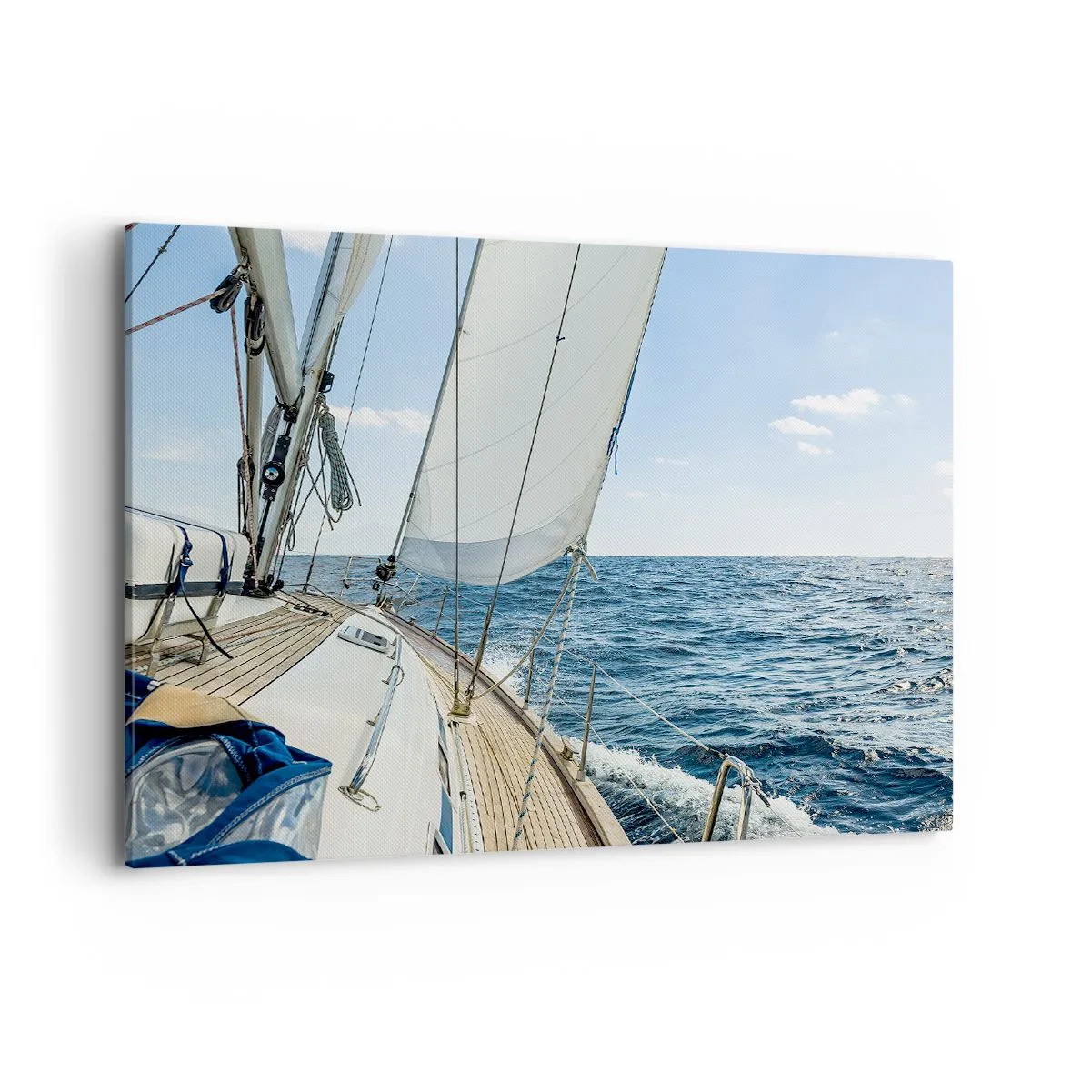 Obraz na płótnie - Żaglówka na spokojnym morzu pod błękitnym niebem - 100x70cm - Ahoj, przygodo - Nowoczesna dekoracja ścienna do salonu, kuchni i sypialni ARTTOR