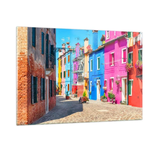 Obraz na szkle - Kolorowe budynki na wąskiej uliczce słonecznego miasteczka - 120x80cm - Miasteczko "Pod papugami" - Nowoczesna dekoracja ścienna do salonu, kuchni i sypialni ARTTOR