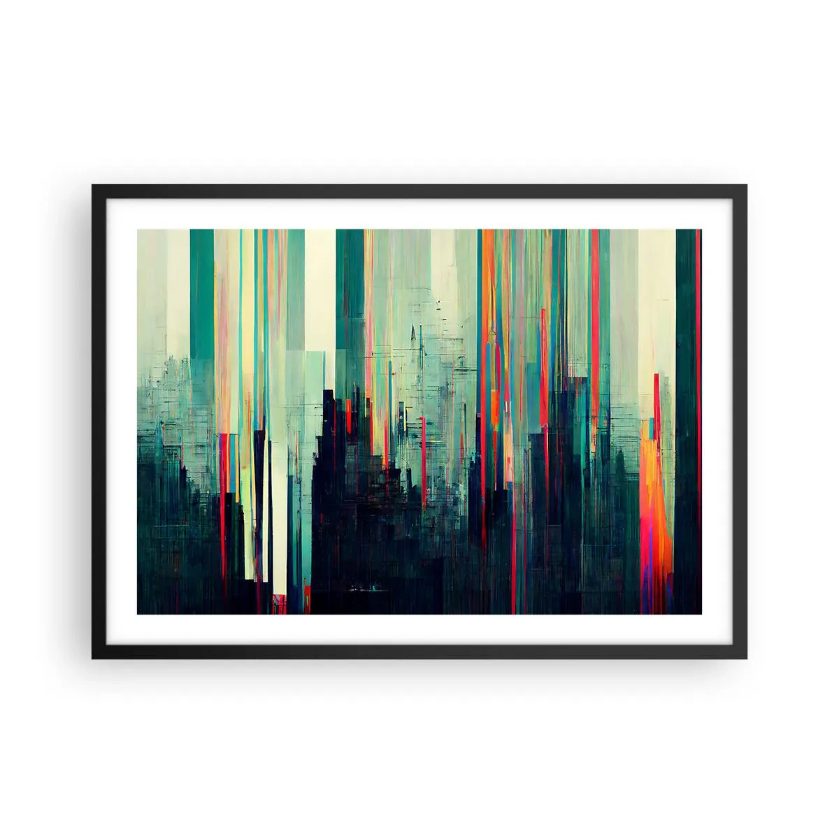 Plakat w czarnej ramie - Abstrakcja z pionowymi liniami i miejską panoramą - 70x50cm - Futurystyczne miasto - Nowoczesna dekoracja ścienna do salonu i sypialni ARTTOR
