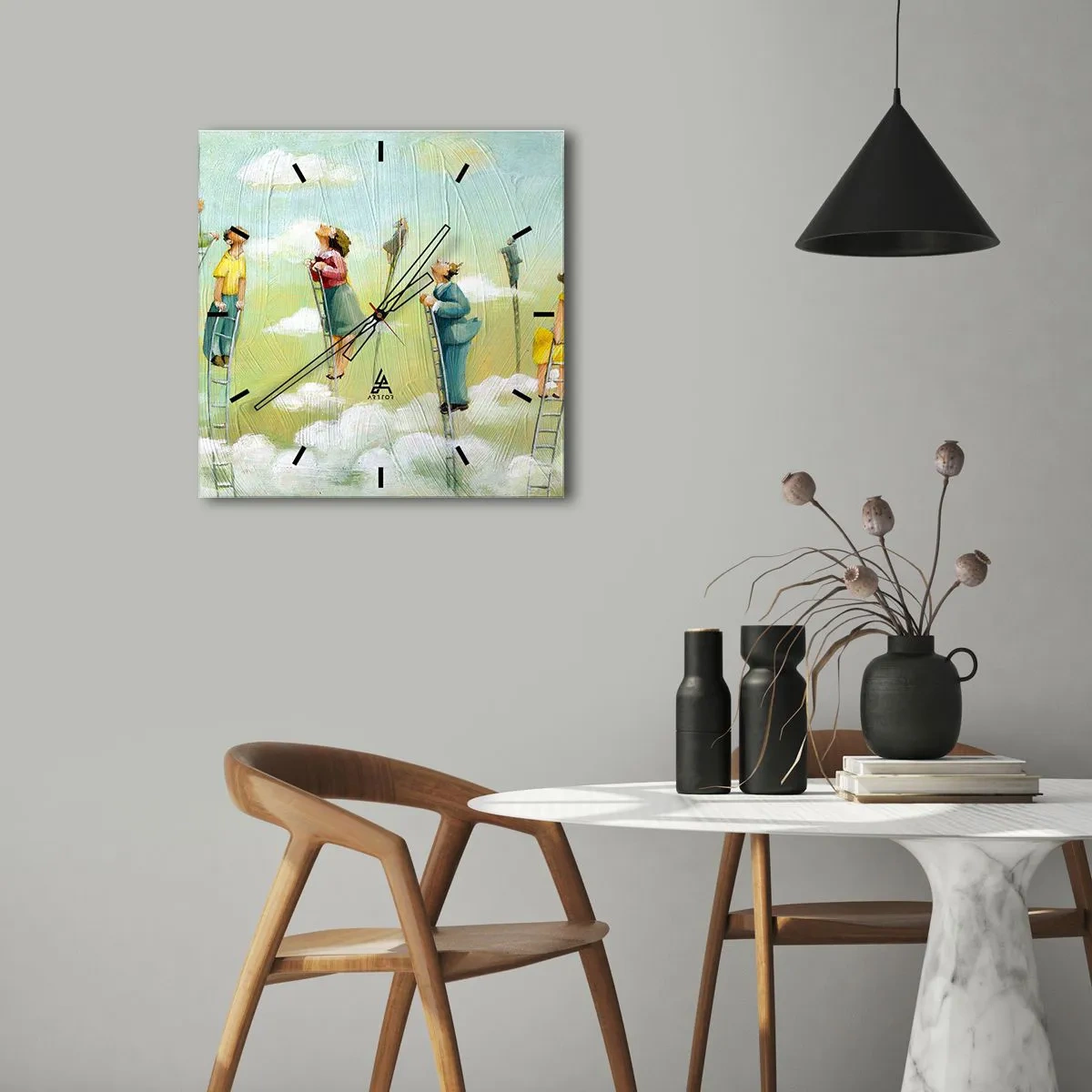 Zegar ścienny - Postacie wspinające się po drabinach wśród chmur na pastelowym tle - 30x30cm - Za swoim marzeniem - Nowoczesna dekoracja ścienna do salonu i sypialni ARTTOR
