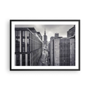Plakat w czarnej ramie - Panorama Warszawy z widokiem na Pałac Kultury i otaczające budynki - 70x50cm - Warszawska dolina - Nowoczesna dekoracja ścienna do salonu i sypialni ARTTOR