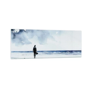 Obraz na szkle - Postać na plaży w spokojnym otoczeniu morza - 140x50cm - Rozmowa z morzem - Nowoczesna dekoracja ścienna do salonu i sypialni ARTTOR