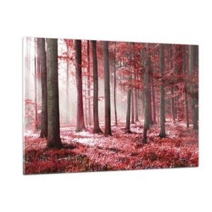 Obraz na szkle - Jesienny las w czerwonych barwach i porannej mgle - 120x80cm - Czerwony równie piękny - Nowoczesna dekoracja ścienna do salonu, kuchni i sypialni ARTTOR