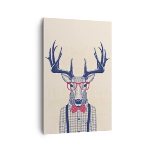 Obraz na płótnie - Stylizowana grafika jelenia w okularach i muszce - 80x120cm - Zabawna ekstrawagancja - Nowoczesna dekoracja ścienna do salonu i sypialni ARTTOR