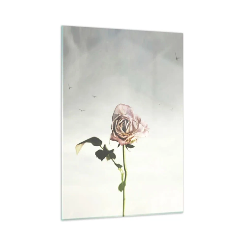 Obraz na szkle - Delikatna róża na tle nieba z lecącymi ptakami - 50x70cm - Powitanie wiosny - Nowoczesna dekoracja ścienna do salonu, kuchni i sypialni ARTTOR