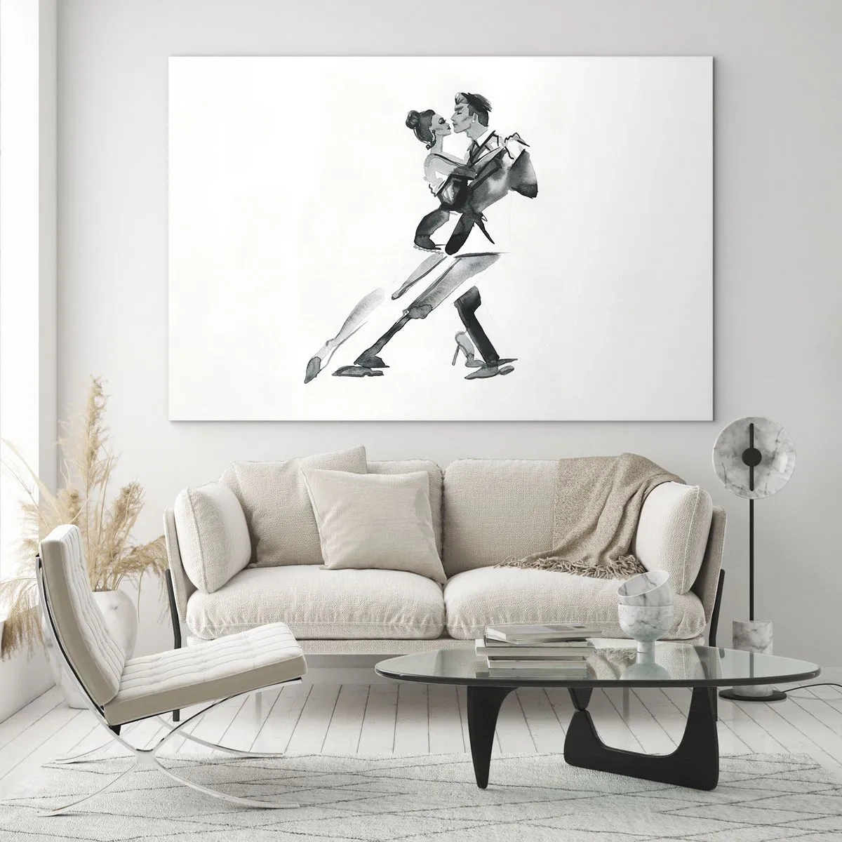 Obraz na szkle - Para tańcząca tango w czarno-białej akwareli - 70x50cm - W jednym rytmie - Nowoczesna dekoracja ścienna do salonu i sypialni ARTTOR