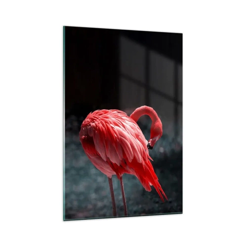 Obraz na szkle - Różowy flaming na tle ciemnej zieleni - 80x120cm - Karmazynowy poemat natury - Nowoczesna dekoracja ścienna do salonu i sypialni ARTTOR